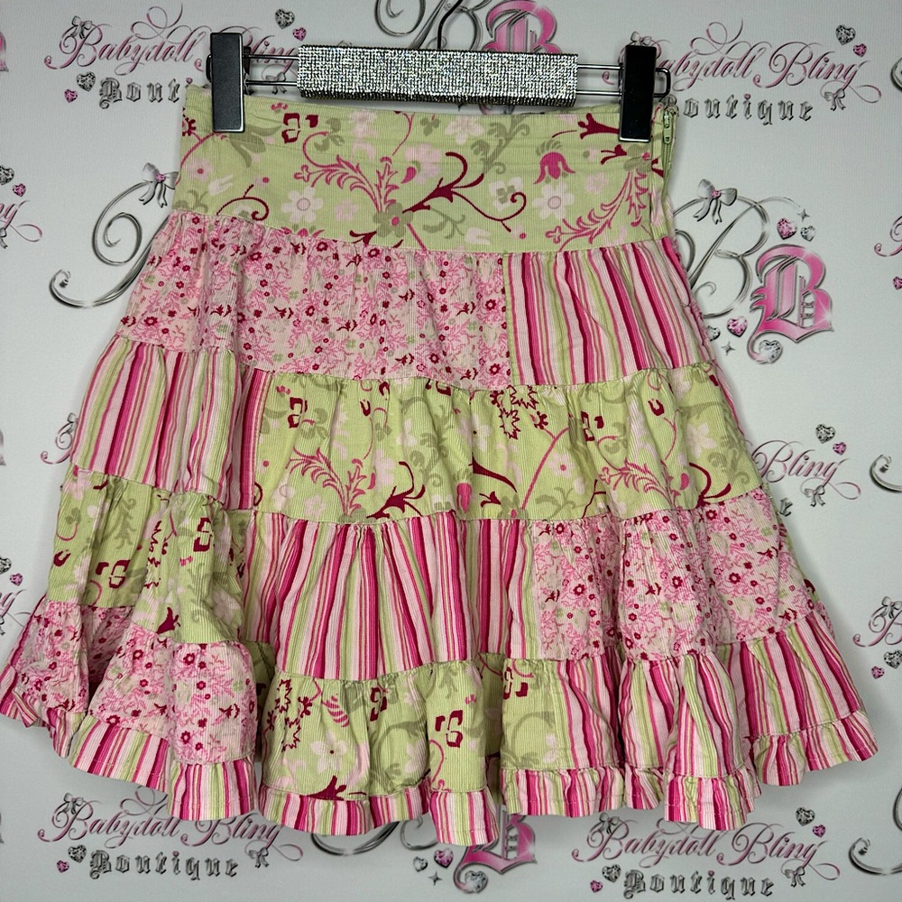 Pumpkin patch skirt tiered ruffle, frills, lime, green, pink, cute floral Y2K
